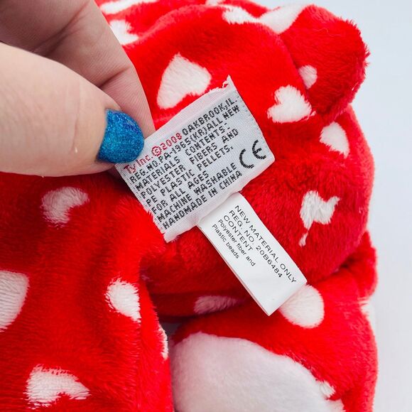 Ty Pluffies DREAMLY Red Teddy Bear White Hearts TySilk 2008 Stuffed Animal Plush - Picture 7 of 8
